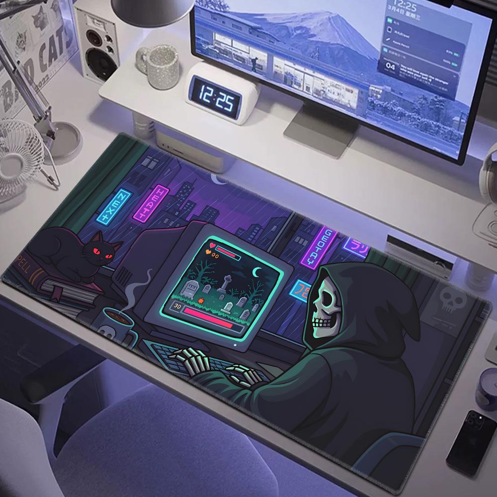 Retro Gaming Desk Setup - HYBXAXC Cozy Gamer DeskMat, Spooky Pixel