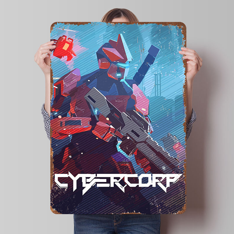 Retro Gaming Gun - Poster Robot Cyberpunk dengan Senjata Logam,