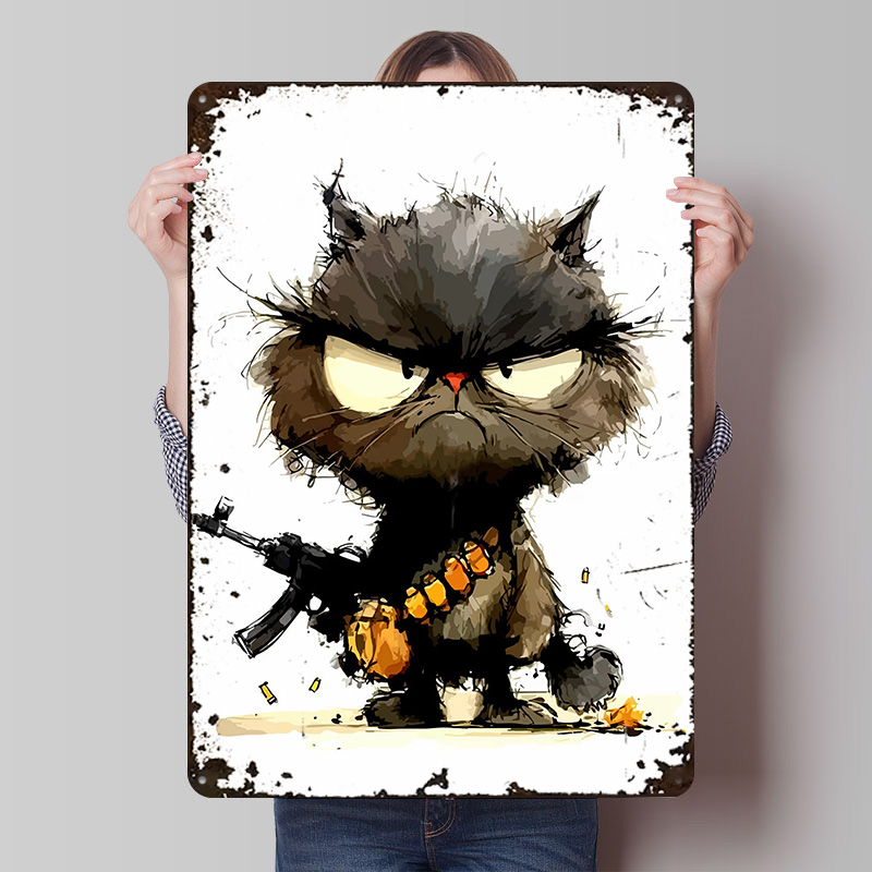 Retro Gaming Gun - Poster Cetak Gambar Kucing dengan Senjata,